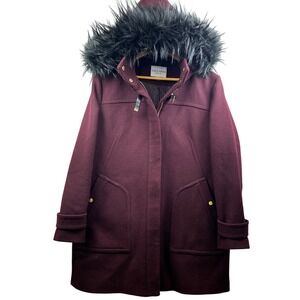 Cole Haan Signature Wool Twill Duffle Coat Women‎ 14 Burgundy Faux Fur Hood